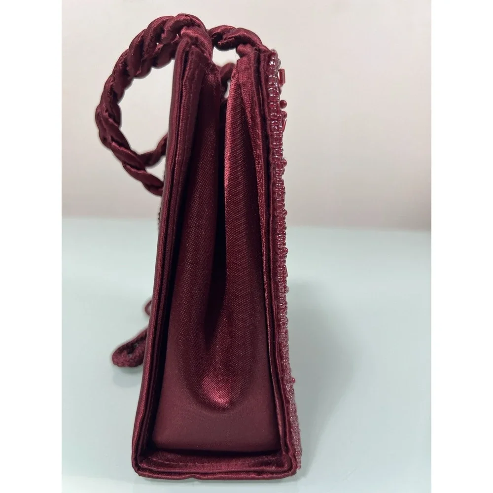 Vintage 80s Red Satin Beaded Evening Bag‎ Box Clutch Formal Purse
